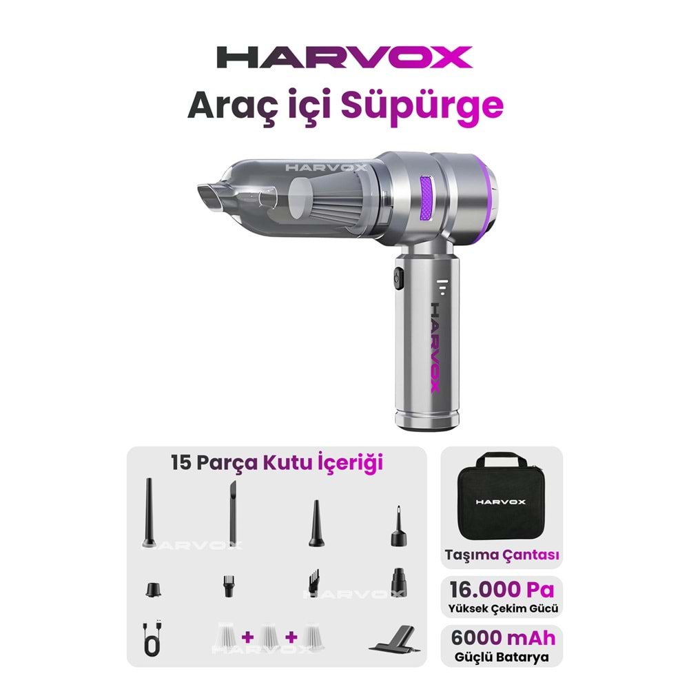 HARVOX 16000pa Güçlü Vakum Araç Süpürgesi Taşınabilir Çantalı 6000mAh Bataryalı Üflemeli