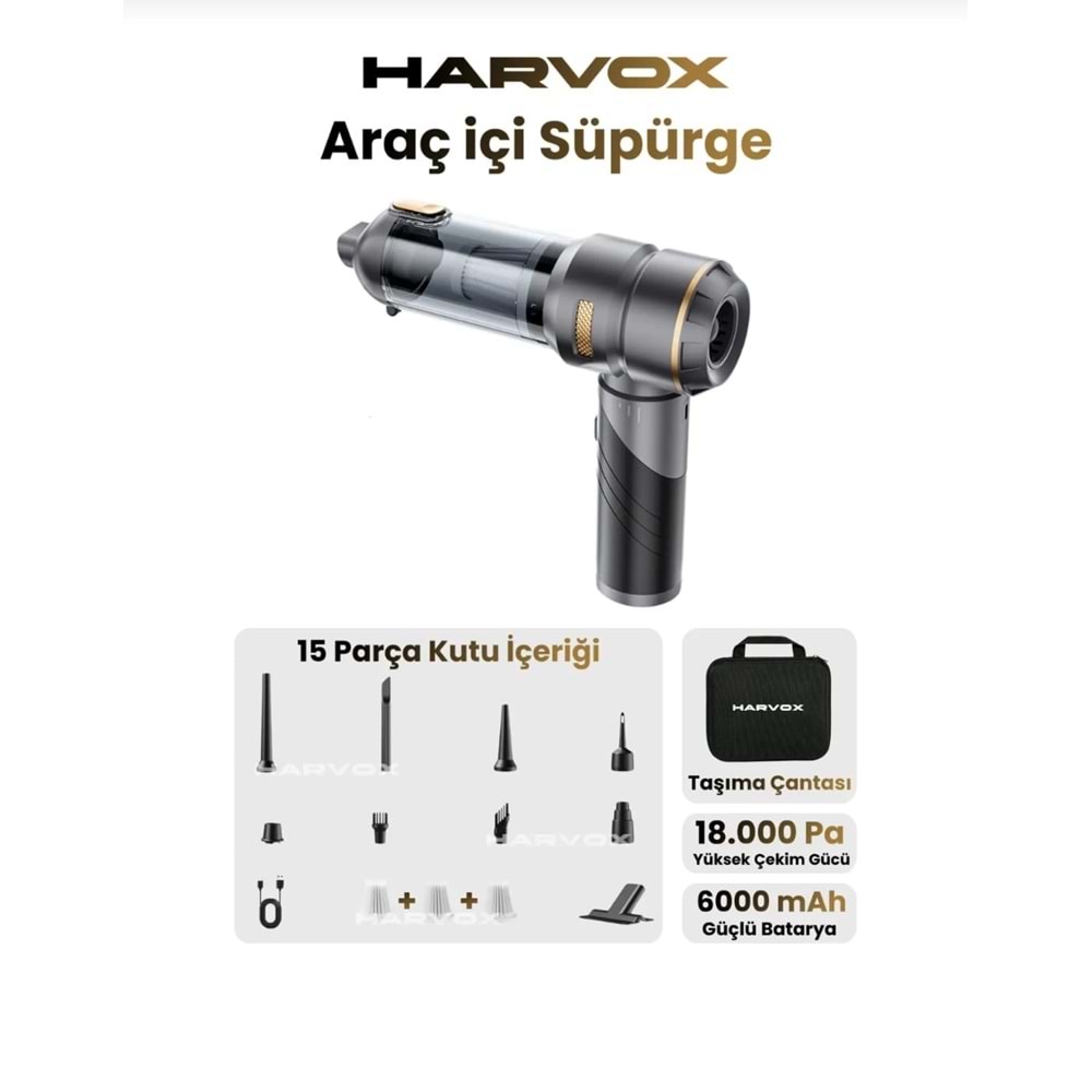 HARVOX 18000pa Güçlü Vakum Araç Süpürgesi Taşınabilir Çantalı 6000mAh Bataryalı Üflemeli