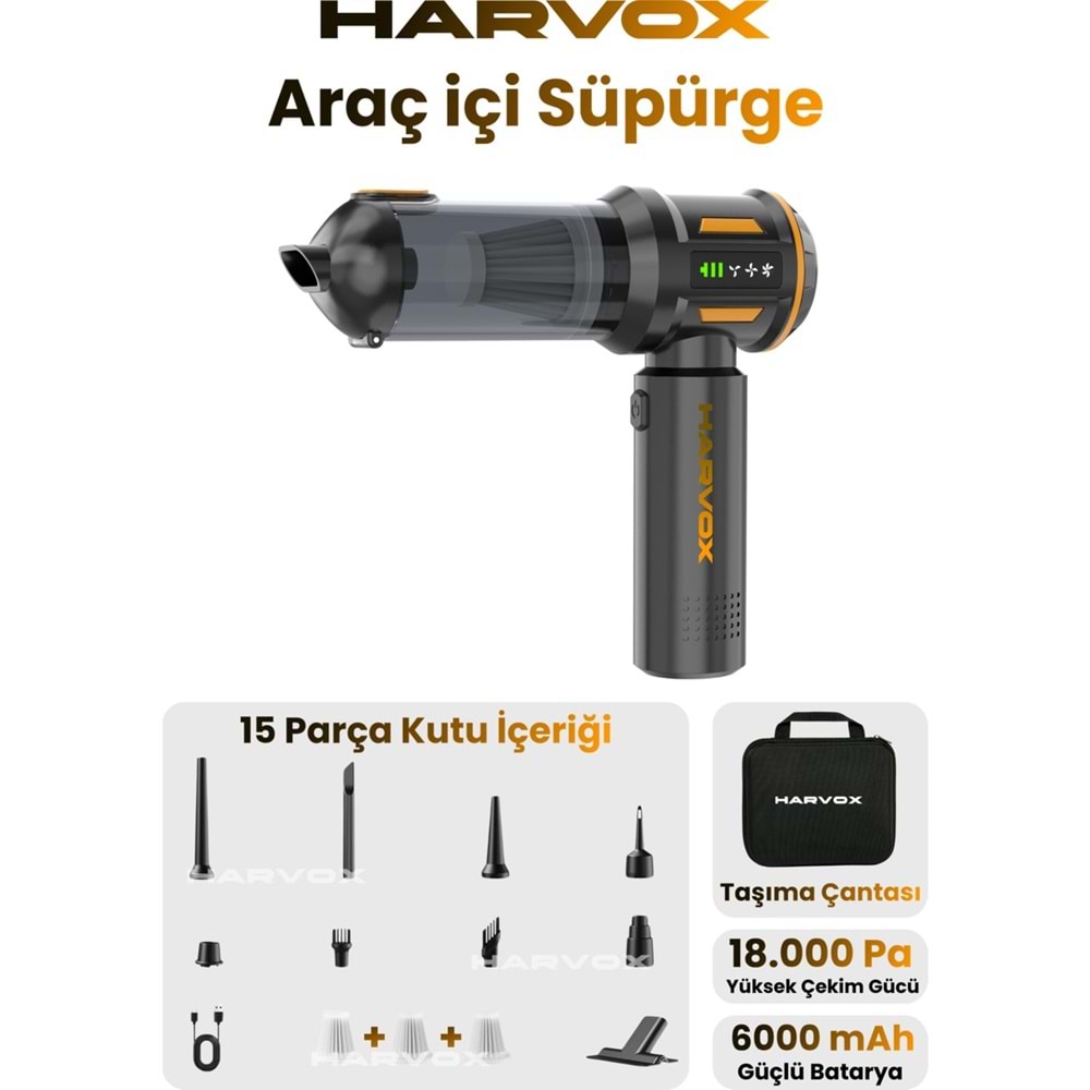 HARVOX 18000pa Güçlü Vakum Araç Süpürgesi Taşınabilir Çantalı 6000mAh Bataryalı Üflemeli