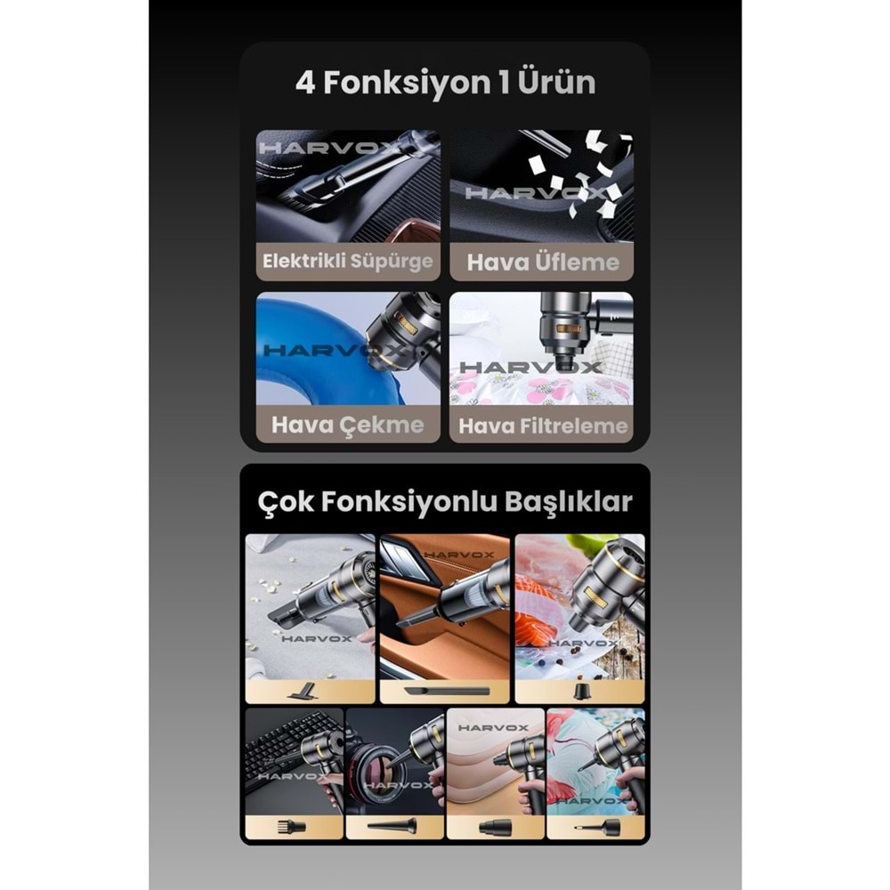 HARVOX 18000pa Güçlü Vakum Araç Süpürgesi Taşınabilir Çantalı 6000mAh Bataryalı Üflemeli