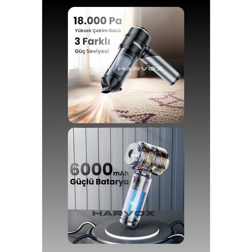 HARVOX 18000pa Güçlü Vakum Araç Süpürgesi Taşınabilir Çantalı 6000mAh Bataryalı Üflemeli