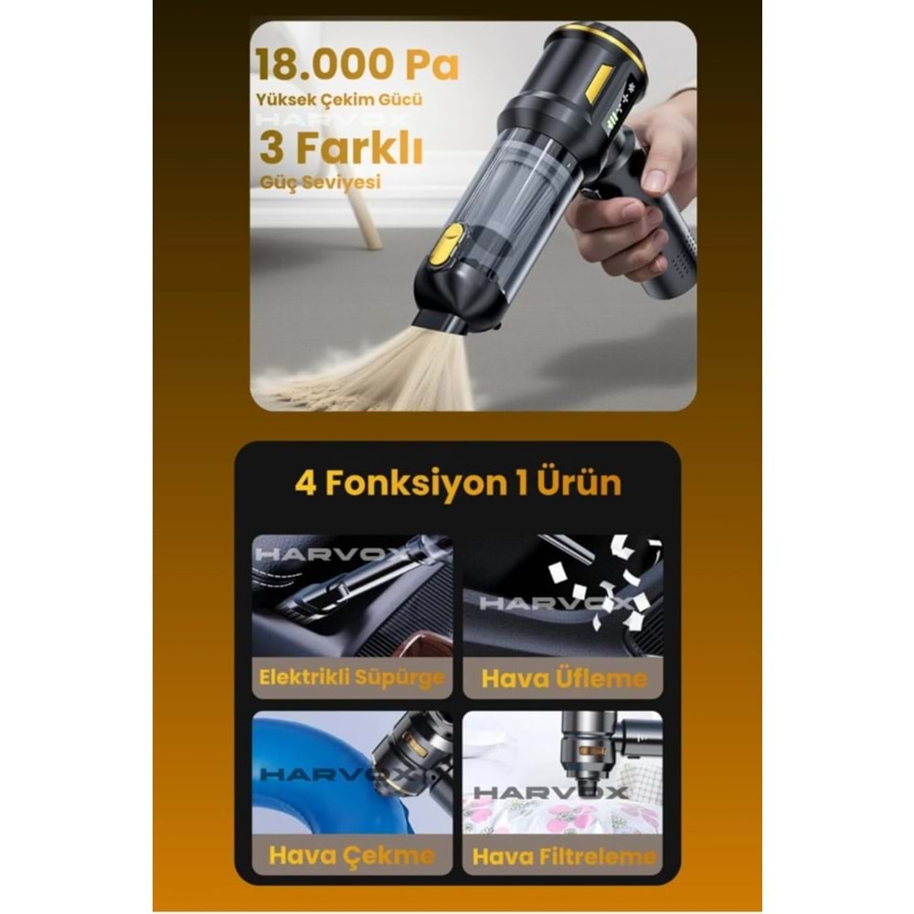HARVOX 18000pa DİJİTAL GÖSTERGELİ Güçlü Vakum Araç Süpürgesi Taşınabilir Çantalı 6000mAh Bataryalı Üflemeli HXVC-003