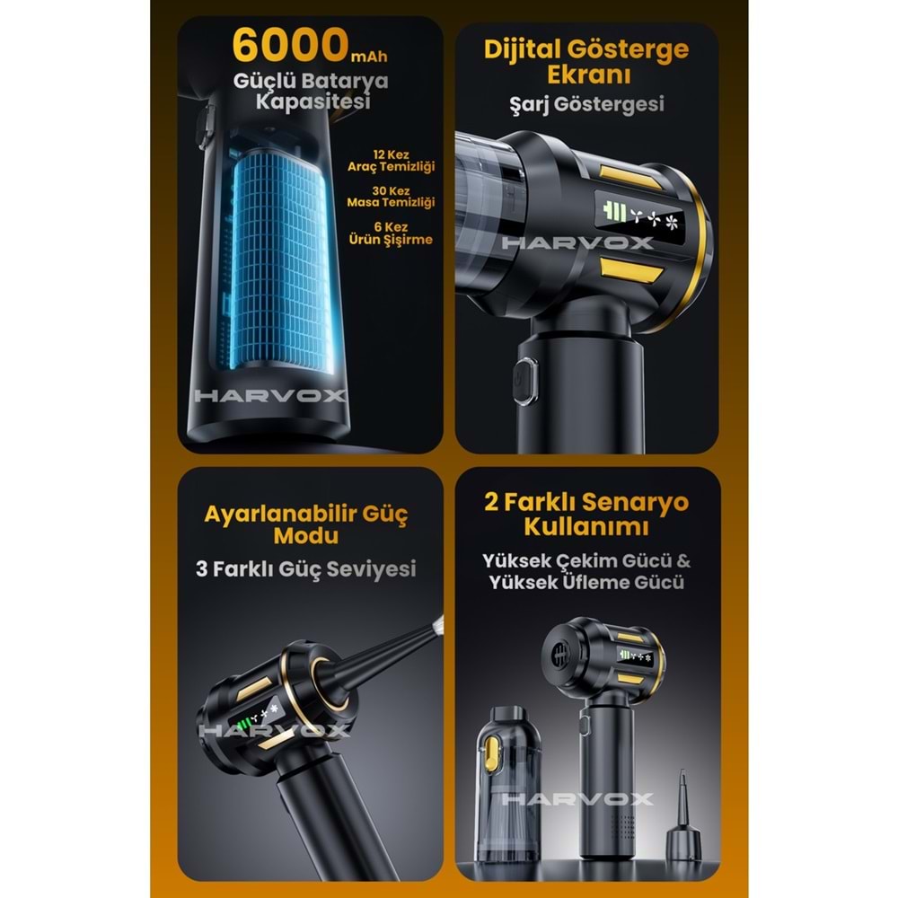HARVOX 18000pa DİJİTAL GÖSTERGELİ Güçlü Vakum Araç Süpürgesi Taşınabilir Çantalı 6000mAh Bataryalı Üflemeli HXVC-003