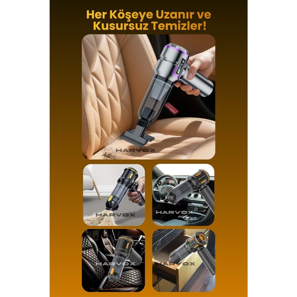 HARVOX 18000pa DİJİTAL GÖSTERGELİ Güçlü Vakum Araç Süpürgesi Taşınabilir Çantalı 6000mAh Bataryalı Üflemeli HXVC-003