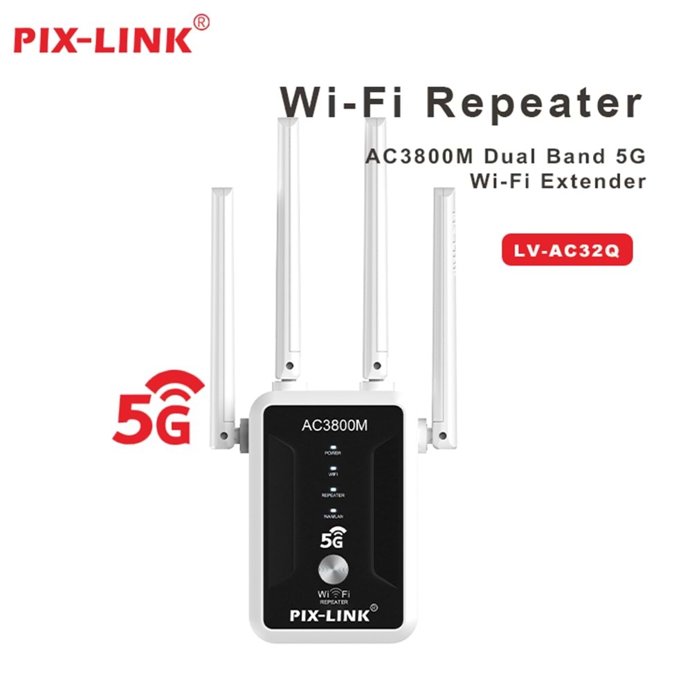 PIXLINK AC32Q WiFi Repeater Router Access Point AC3800 Dual Band 5 GHz Siyah Beyaz