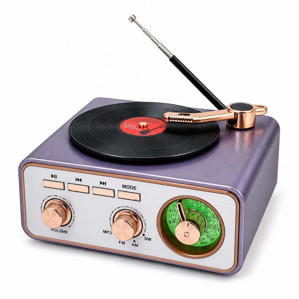 GLR MD-1217BT Nostaljik Plak Çalar Görünümlü Bluetooth Radyo Hoparlör