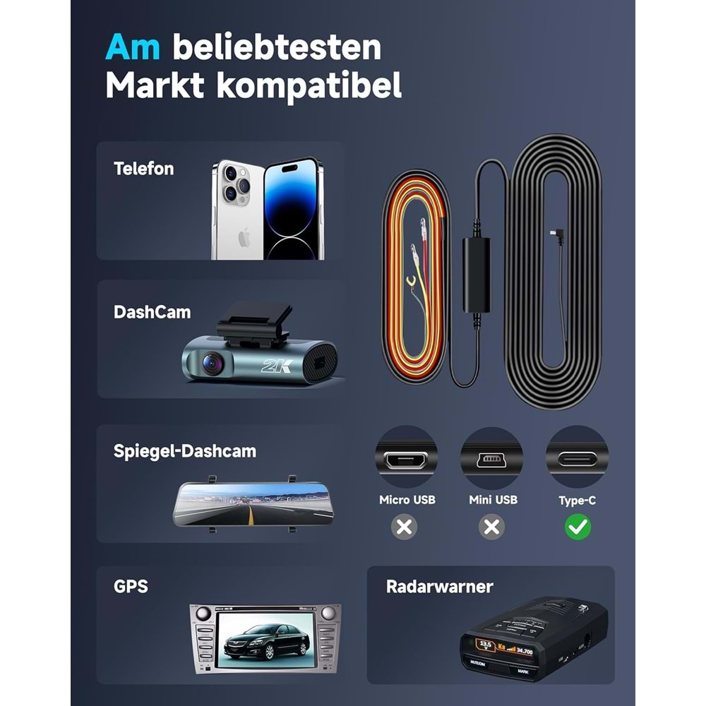 Alçak Gerilim Koruması için Çok Boyutlu, 10.5ft Tip C ile Dash Cam Hardwire Kiti, Park Modu, USB C Güç Bağlantı Noktası, 24H Park İzleme Etkinleştirir