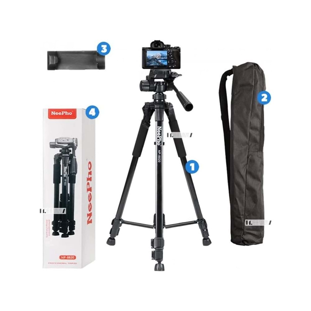 Neepho Tripod Aliminyum Gövdeli Profesyonel Telefon Tutucu Çantalı 150 cm Kamera Standı 3 Ayak