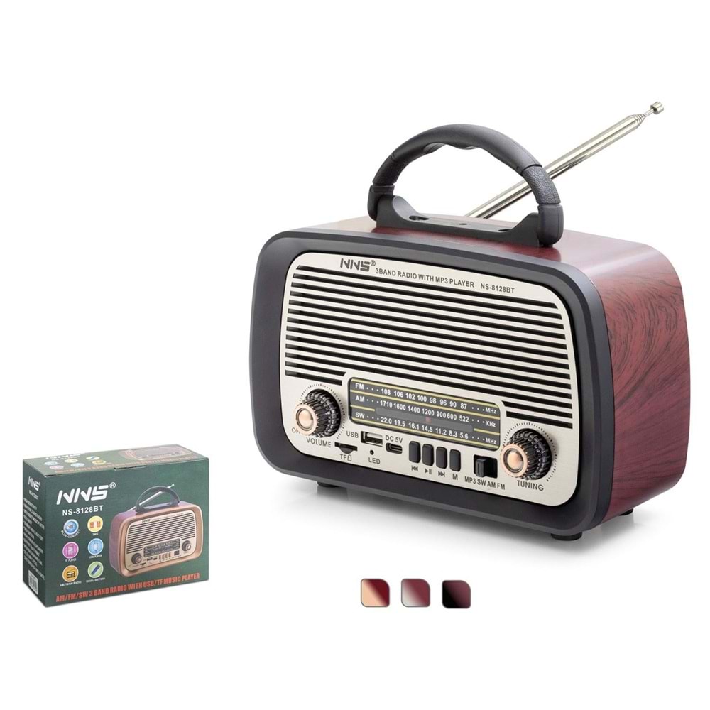 NNS NS-8128BT Bluetooth Nostaljik FM Radyo TWS USB TF Taşınabilir Hoparlör - Kahverengi