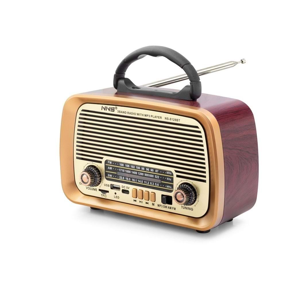 NNS NS-8128BT Bluetooth Nostaljik FM Radyo TWS USB TF Taşınabilir Hoparlör - Kahverengi