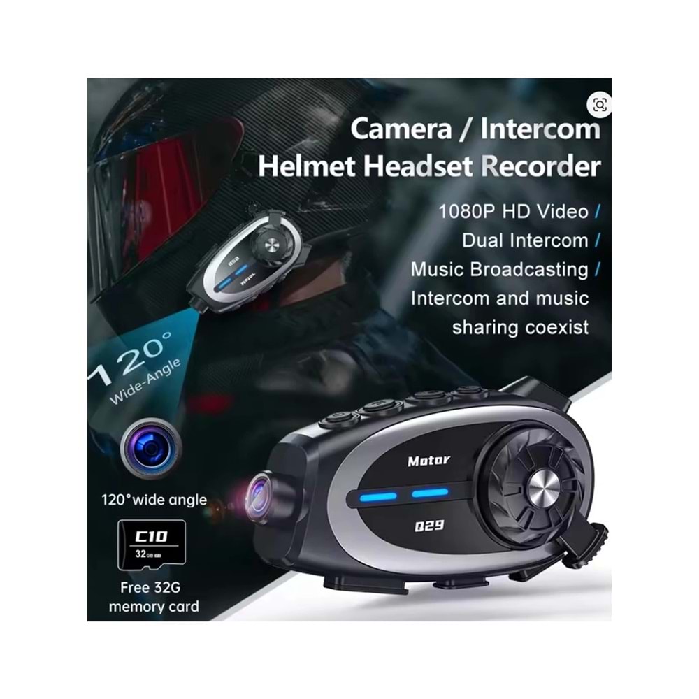 Q29 Motosiklet Kask Bluetooth Kulaklık Eşleşmeli 1080P Kamera Geniş açı Su Geçirmez Intercom