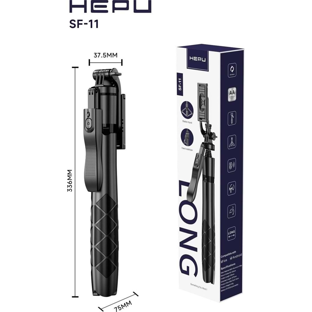 HEPU SF-11 Bluetooth Kumandalı Uzatılabilir Selfie Stick Tripod – Kablosuz Çekim Destekli, Katlanabilir ve Taşınabilir Tasarım