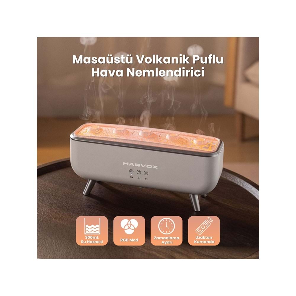 Harvox Masaüstü Volkanik Puflu Hava Nemlendirici Aroma Difüzörü Aromaterapi Rgb Ledli Buhar Makinesi