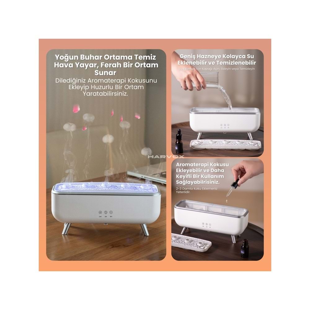 Harvox Masaüstü Volkanik Puflu Hava Nemlendirici Aroma Difüzörü Aromaterapi Rgb Ledli Buhar Makinesi