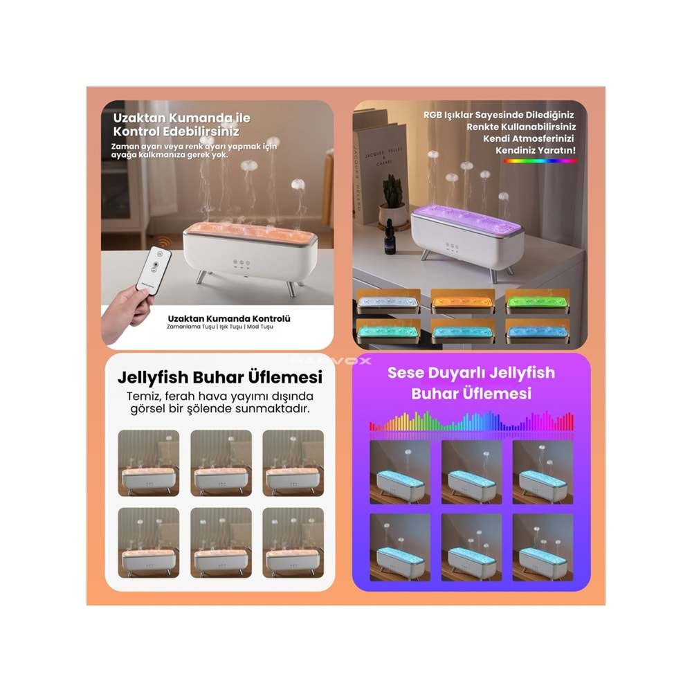 Harvox Masaüstü Volkanik Puflu Hava Nemlendirici Aroma Difüzörü Aromaterapi Rgb Ledli Buhar Makinesi