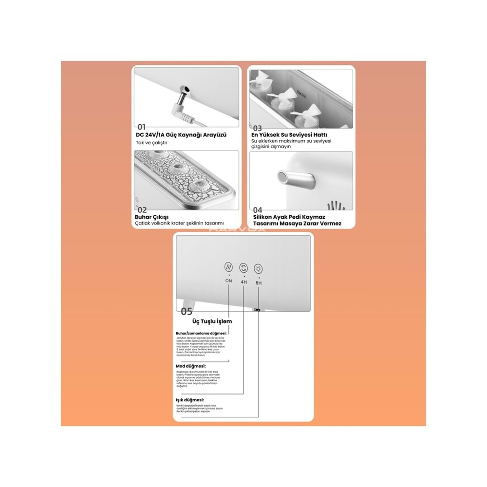 Harvox Masaüstü Volkanik Puflu Hava Nemlendirici Aroma Difüzörü Aromaterapi Rgb Ledli Buhar Makinesi