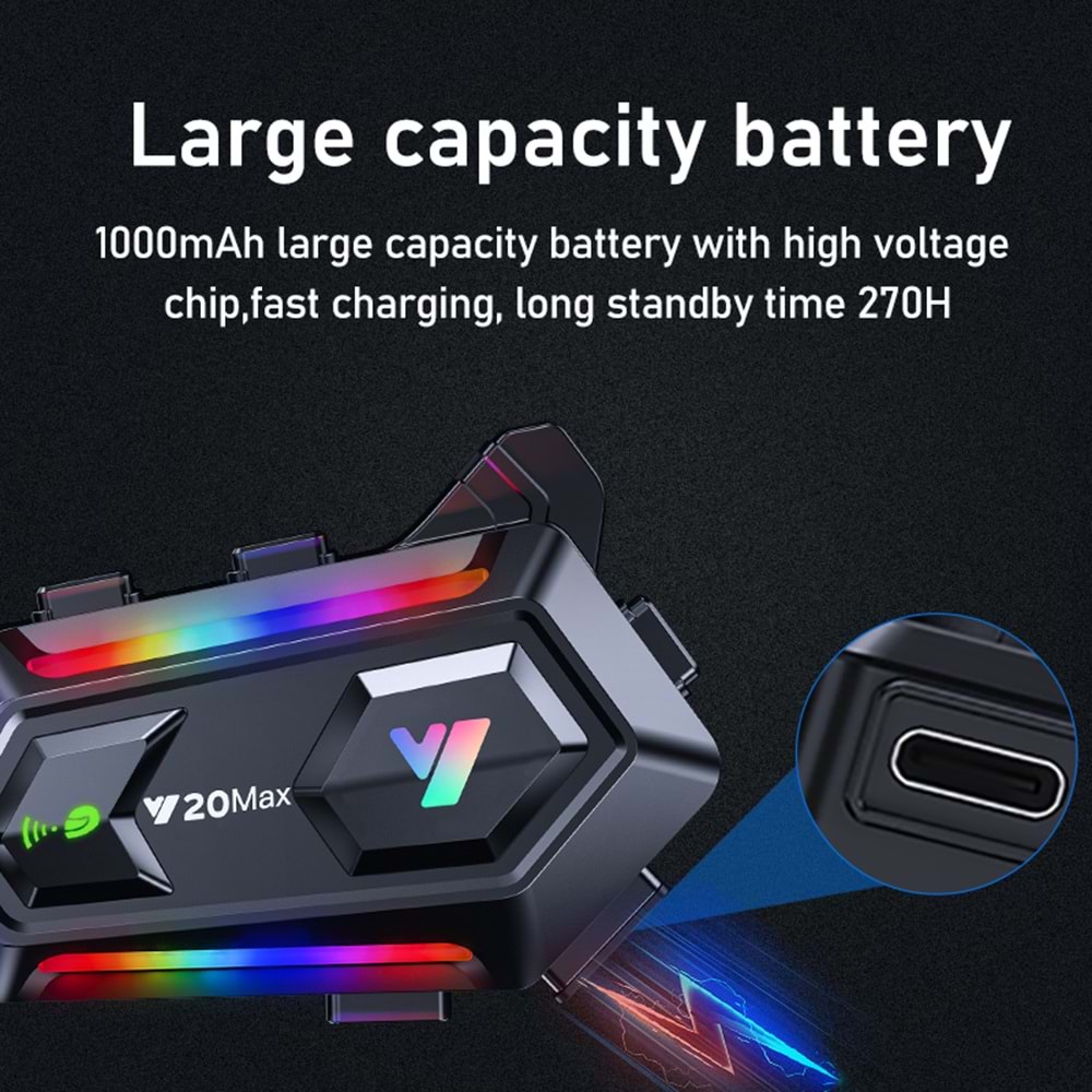 Y20 MAX motosiklet interkom kulaklık kablosuz kask kulaklık ile IPX6 su geçirmez RGB ışık etkisi