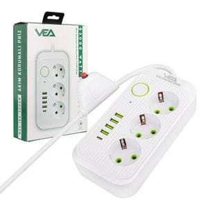 VEA VA-21566 3'LÜ 1.5 METRE KABLOLU 4 USB'Lİ+ TYPE-C BEYAZ AKIM KORUMALI PRİZ