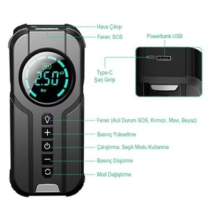 POWERMASTER PM-25006 POWERBANK AKÜ ŞARJ LASTİK HAVA KOMPRESÖRÜ ŞİŞİRİCİ TAŞINABİLİR DİJİTAL KABLOSUZ EL FENERİ