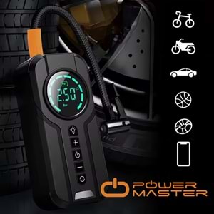 POWERMASTER PM-25006 POWERBANK AKÜ ŞARJ LASTİK HAVA KOMPRESÖRÜ ŞİŞİRİCİ TAŞINABİLİR DİJİTAL KABLOSUZ EL FENERİ
