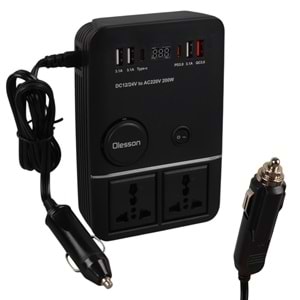 OLESSON 1661 DC 12-24V 200W OTO ARAÇ POWER İNVERTER 2X ÇAKMAK GİRİŞİ - 2X TYPE-C - 4X USB - 2X 220V ÜNİVERSAL PRİZ