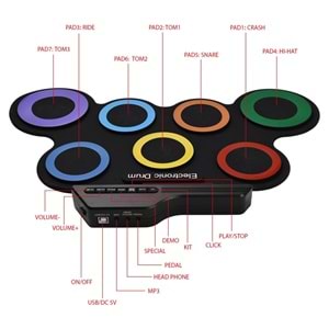 MAGICVOICE G3002R 7 PED GÖKKUŞAĞI RENKLİ ELEKTRONİK ROLL UP DAVUL KİTİ