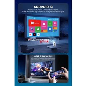 Harvox Cine Vista Bataryalı Projeksiyon Cihazı Taşınabilir 4K Destekli 1080P Android Sistemli Projektör