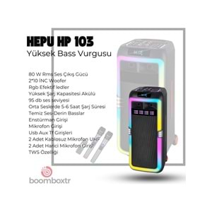 HEPU Hp 103 Büyük Boy Taşınabilir Şarjlı Bluetooth Parti Hoparlörü 80 W Rms 2*8 Inc Woofer