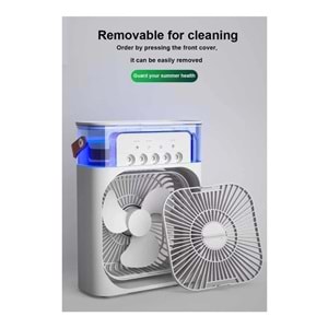Buharlı Hava Soğutucu, Taşınabilir Hortumsuz Portatif Klima, Mobil Sulu Klima, 3 Rüzgar Hızı, 3 Sis Modu, Taşınabilir Buzlu Vantilatör 5 Sprey Delikli ile Renkli LED Işıklı HR025 Beyaz Renk