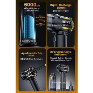 HARVOX 18000pa DİJİTAL GÖSTERGELİ Güçlü Vakum Araç Süpürgesi Taşınabilir Çantalı 6000mAh Bataryalı Üflemeli HXVC-003