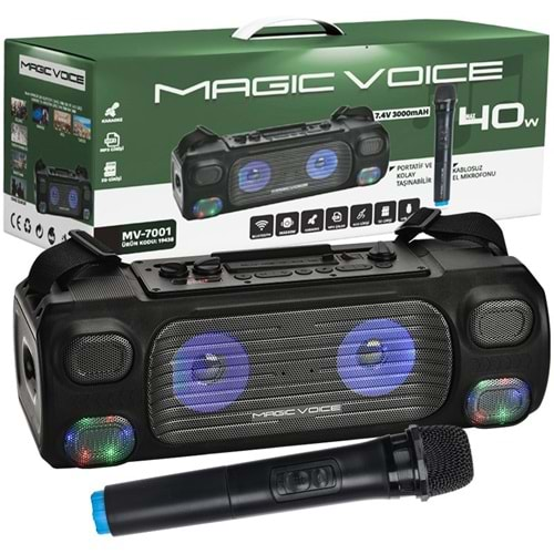 MAGICVOICE MV-7001 VHF EL MİK USB/SD/BT/UK 40 WATT IŞIKLI TAŞINABİLİR ŞARJLI SEYYAR ANFİ