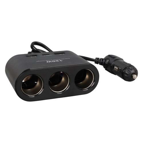 OLESSON 1653 12-24V ÇİFT USB + TYPE-C GİRİŞLİ 100W 70CM KABLOLU 3'LÜ ARAÇ ÇAKMAK ÇOKLAYICI