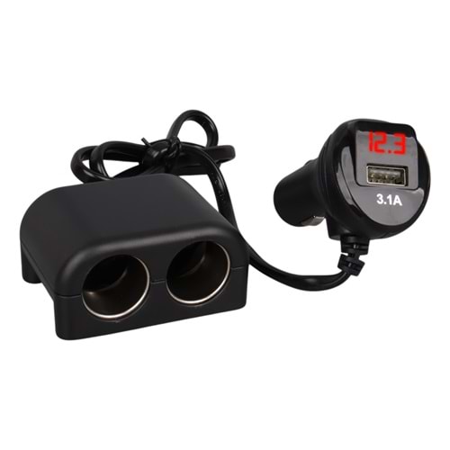 OLESSON 1641 12-24V TEK USB GİRİŞLİ 120W 80CM KABLOLU DİJİTAL VOLTAJ EKRANLI 2'Lİ ARAÇ ÇAKMAK ÇOKLAYICI