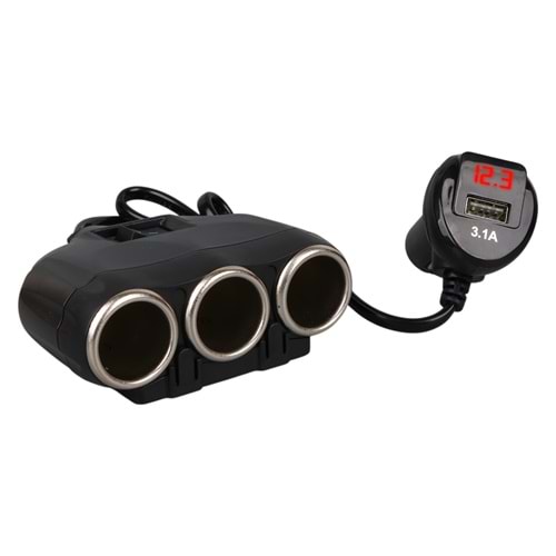 OLESSON 1634 12-24V TEK USB GİRİŞLİ 120W 80CM KABLOLU DİJİTAL EKRANLI 3'LÜ ARAÇ ÇAKMAK ÇOKLAYICI