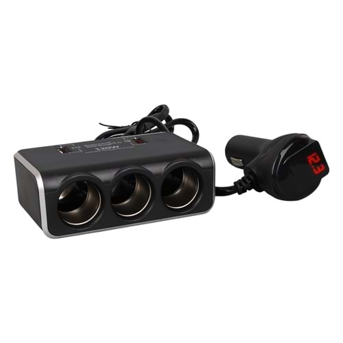 OLESSON 1639 12-24V ÇİFT USB GİRİŞLİ HIZLI ŞARJ 120W 80CM KABLOLU DİJİTAL VOLTAJ EKRANLI 3'LÜ ARAÇ ÇAKMAK ÇOKLAYICI