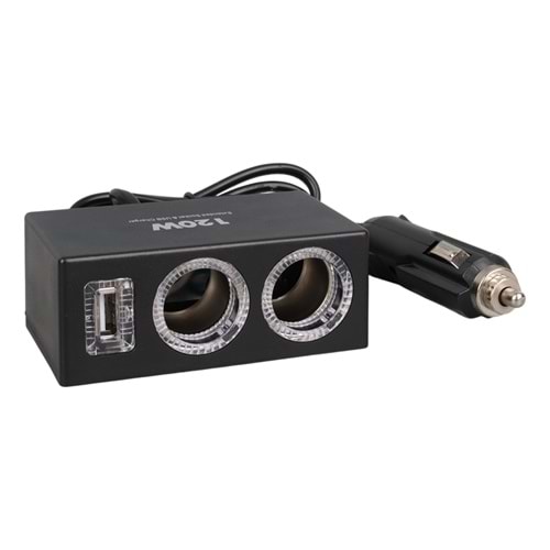 OLESSON 1522 12-24V TEK USB GİRİŞLİ 120W 80CM KABLOLU 2'Lİ ARAÇ ÇAKMAK ÇOKLAYICI