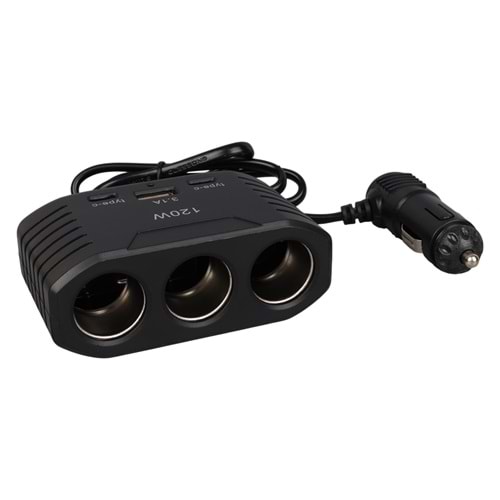 OLESSON 2012 12-24V ÇİFT TYPE-C - TEK USB GİRİŞLİ 120W 80CM KABLOLU 3'LÜ ARAÇ ÇAKMAK ÇOKLAYICI