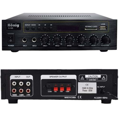 KÖNİG K-100 USB-BLUETOOTH DESTEKLİ 2 MİK. GİRİŞ 8 OHM 100/70V 80 WATT TRAFOLU ANFİ