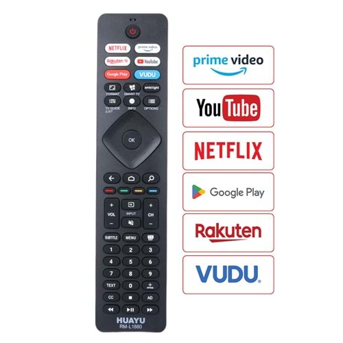 HUAYU KL RM-L1880 PHILIPS UNIVERSAL NETFLIX-PRIME VIDEO-RAKUTEN TV-GOOGLE PLAY-VUDU-YOUTUBE TUŞLU LCD LED TV KUMANDA