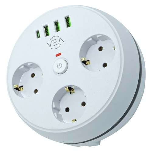 VEA VE-26583 3'LÜ 1.5 METRE KABLOLU 3 USB + TYPE-C GİRİŞLİ AKIM KORUMALI GRUP PRİZ