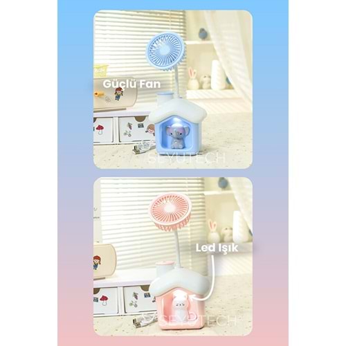 SEYUTECH 8805A Kumbaralı Kalemtıraşlı Masaüstü Fan Led Işıklı Figürlü Şarj Edilebilir Vantilatör