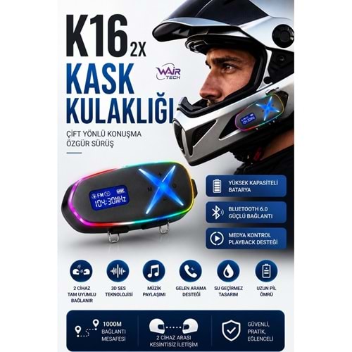 K162X Motosiklet Kask Kulaklığı Bluetooth Intercom Telsiz Sistemi Fm Radyo Type-C Şarjlı