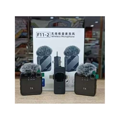 F11-2 Kablosuz Yaka Mini Mic Tak ve Çalıştır Canlı Yayın Vlog Kablosuz Yaka Çift Verici Mikrofon