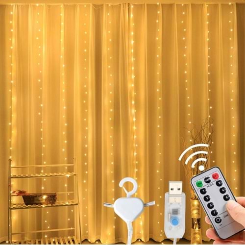 Fişli Ve Kancalı Perde LED 3x3 USB Girişli Kumandalı Zaman Ayarlı Led Işık