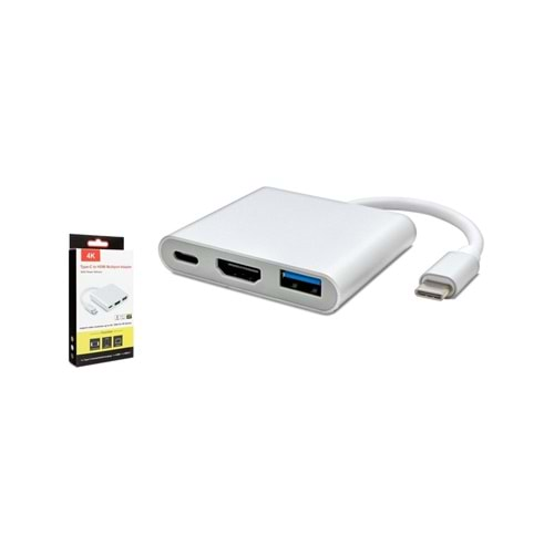 HADRON HDX7764 TYPE-C (M) TO HDMI +USB3.0+TYPE-C (3F) ADAPTÖR 3PORT MAC SILVER