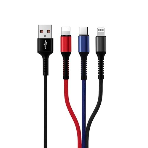 HEPU HP-11 3-in-1 Şarj Kablosu – Type-C + Lightning + Micro USB Uyumlu (1.2 Metre)