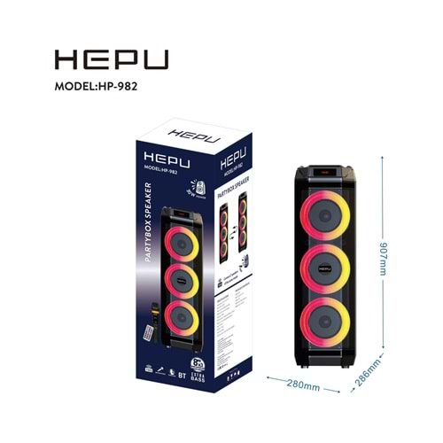 Hepu HP-982 Partybox Bluetooth Hoparlör – 3×8” Hoparlör, 30W Güç, Rgb Işık, Tws Destekli