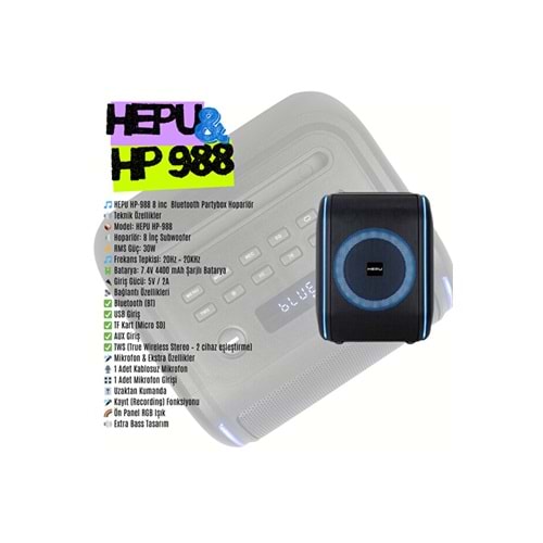 HEPU HP-988 Titan Series Taşınabilir Bluetooth Hoparlör – 8” Hoparlör, RMS 30W, Extra Bass, TWS Destekli
