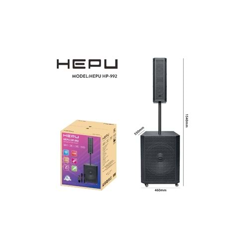HEPU HP-992 Profesyonel Taşınabilir Ses Sistemi – 15” Subwoofer, 550W Güç, Kablosuz Mikrofonlu