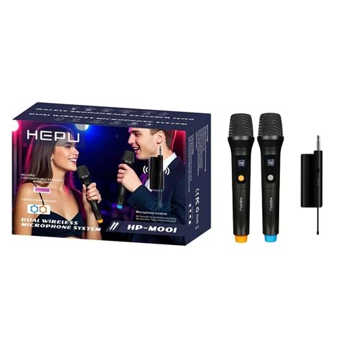 HEPU HP-M001 Çiftli Kablosuz Mikrofon Sistemi – Dijital Ekranlı, Gecikmesiz Ses Aktarımı, Şarjlı Alıcı ile Pratik Kurulum